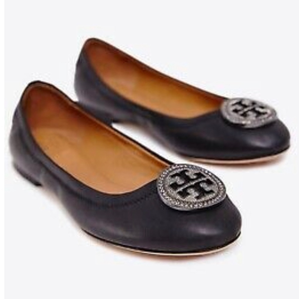 Tory Burch Liana Ballet Flats crystal logo Navy 9